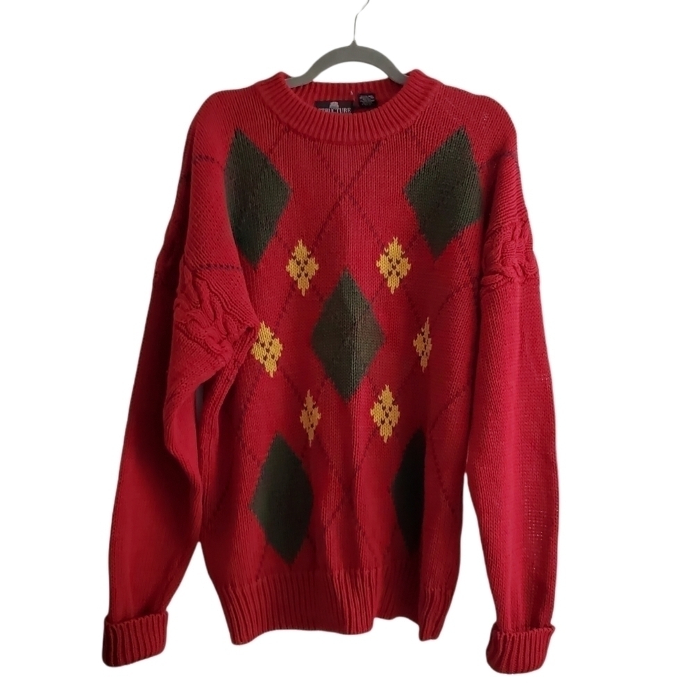VTG Structure Red Knit Argyle Pullover Sweater